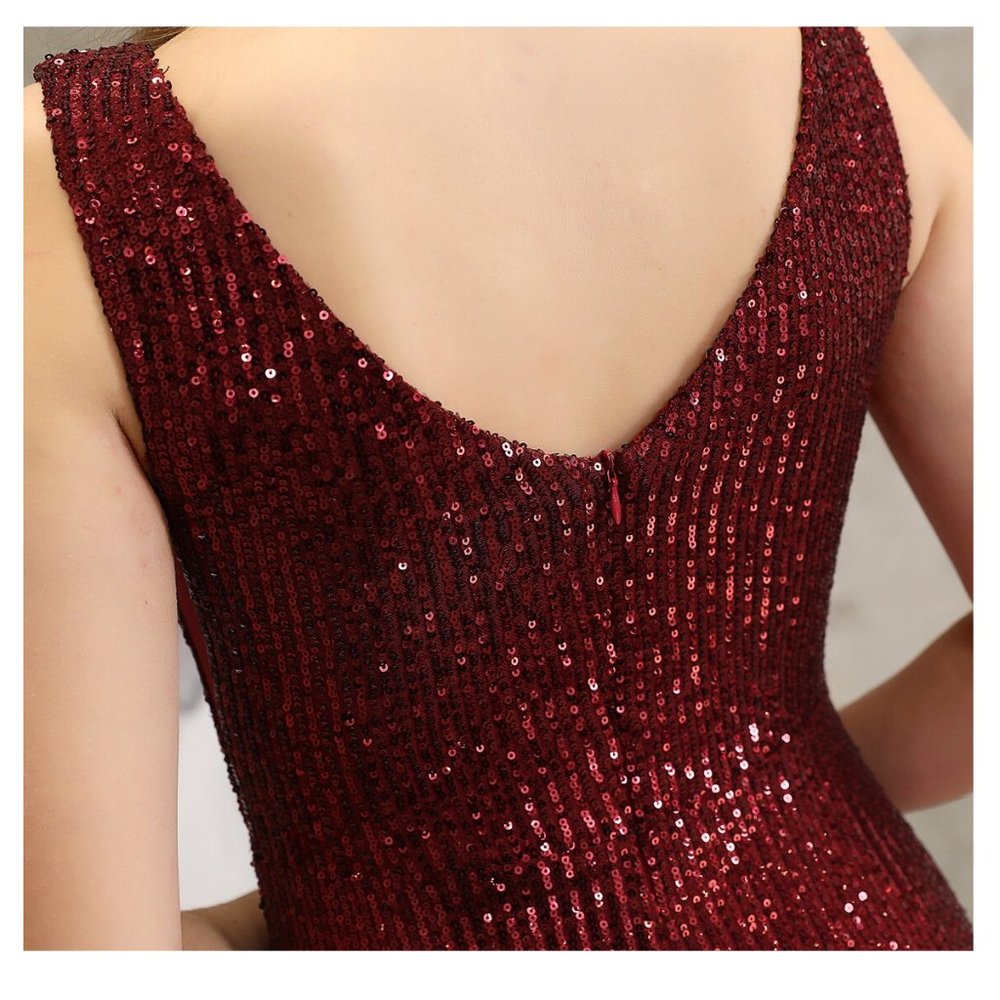 Prom Dress Long Red Gold Sequin Ombre V Neck Fitted Formal Evening Gown - Picture 10 of 15